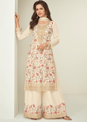 Cream Multicolor Embroidered Kurta Palazzo Set with Dupatta