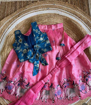 Pink Printed Kids Lehenga Choli Set with Blue Embroidered Jacket