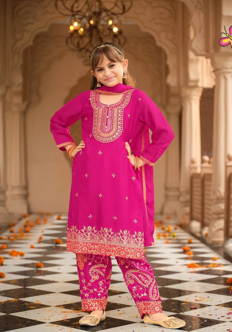 Pink Dreamy Chinon With Embroidery Work Top Farshi And Dupatta
