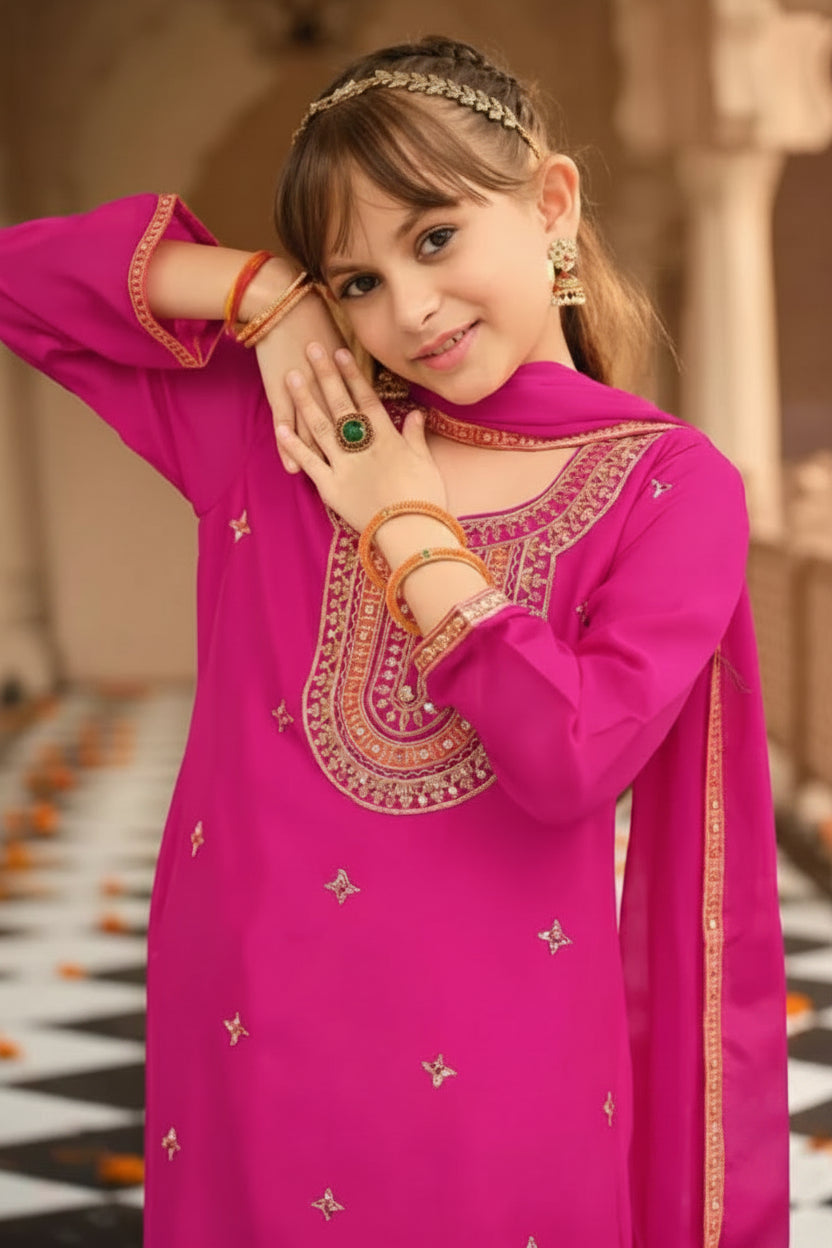 Pink Dreamy Chinon With Embroidery Work Top Farshi And Dupatta