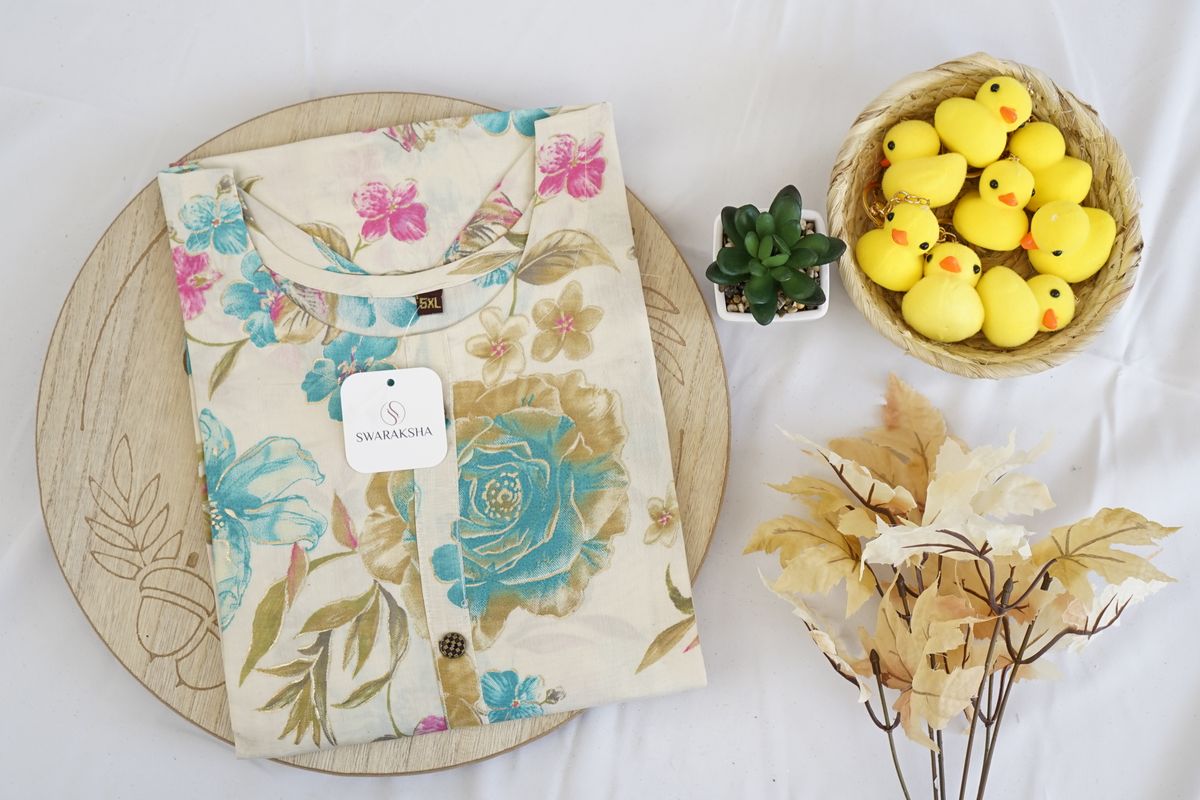Cream Floral Printed Rayon Kurta