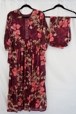 Wine Maroon Floral Georgette Long Dress