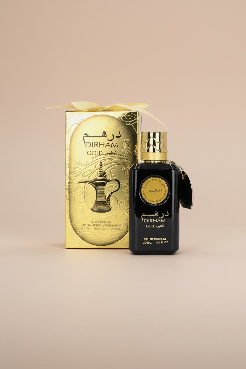 Dirham Gold Eau de Parfum bottle and packaging on a white background