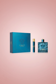 Versace perfume set with blue packaging on a white background