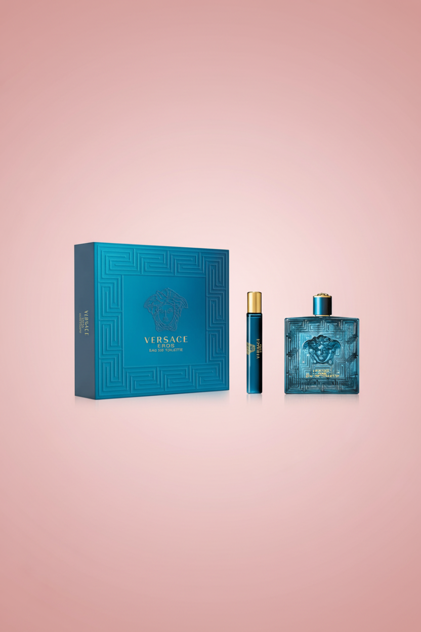 Versace perfume set with blue packaging on a white background
