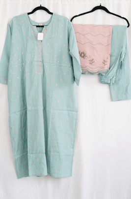Mint Green Embroidered Kurta Set with Pink Dupatta