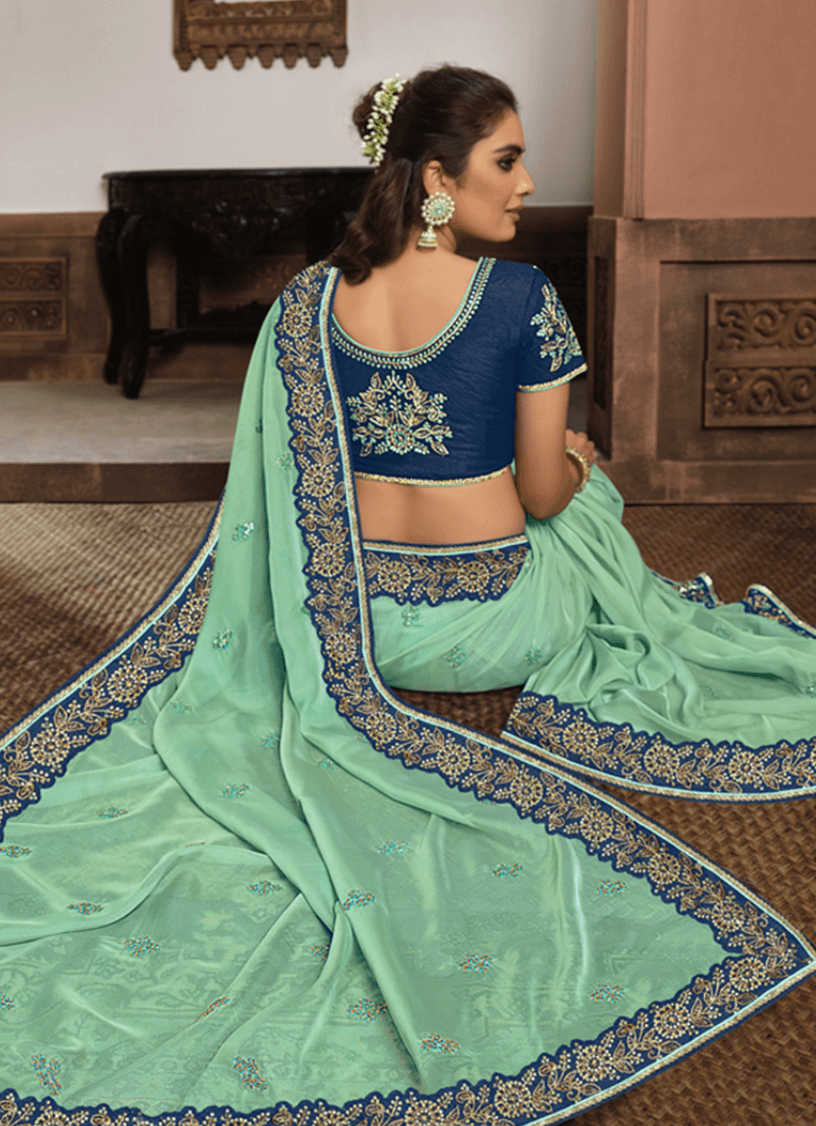 Sea Blue Tissue Embroidery Work  Saree