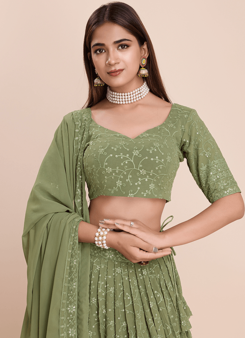 Green Faux Georgette Embroidery Work Lehenga Choli