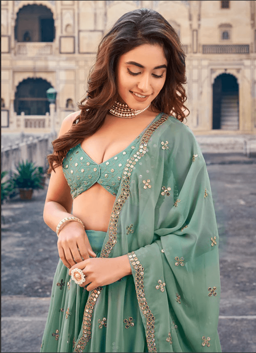 Sage Green Georgette Mirror Work Wedding Wear Lehenga Choli
