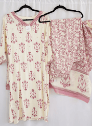 Ivory & Pink Printed Cotton Kurta Set with Dupatta