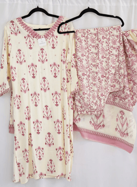 Ivory & Pink Printed Cotton Kurta Set with Dupatta