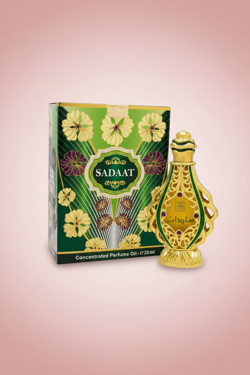 Gold Sadaat perfume bottle with decorative packaging on a white background