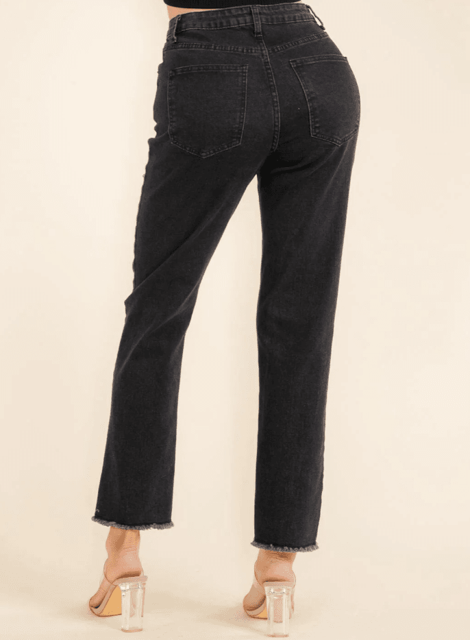 Women’s Black High-Rise Straight Jeans with Rhinestone Detailing
