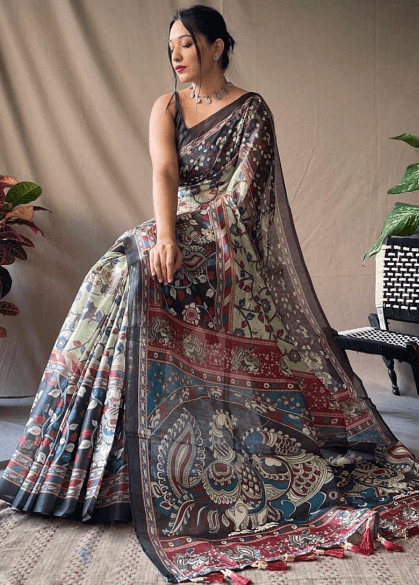Olive Green & Maroon Kalamkari Printed Saree with Artistic Border