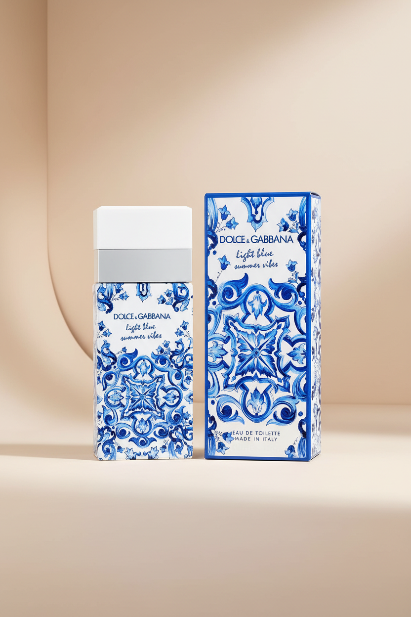 Dolce & Gabbana Light Blue Summer Vibes perfume bottle and packaging with blue and white pattern.