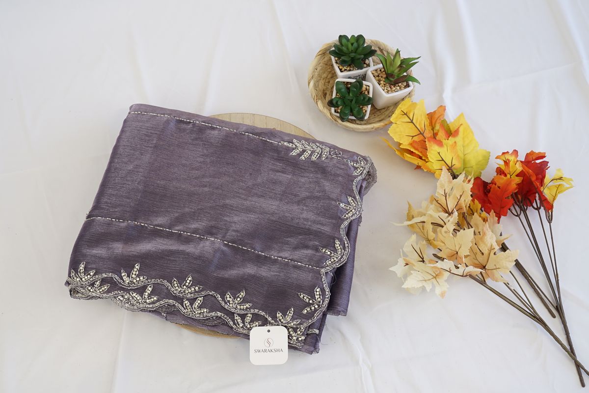 Lavender Organza Silk Saree with Beaded Leaf Border