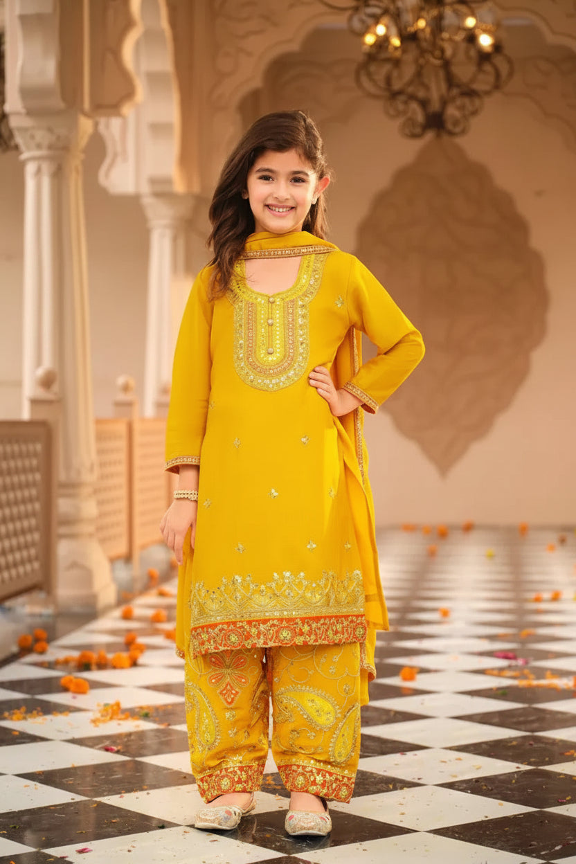 Yellow Dreamy Chinon With Embroidery Work Top Farshi And Dupatta