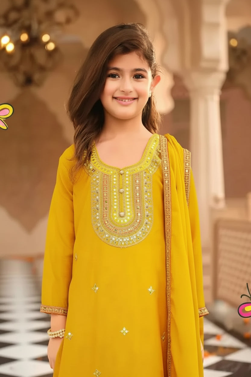 Yellow Dreamy Chinon With Embroidery Work Top Farshi And Dupatta
