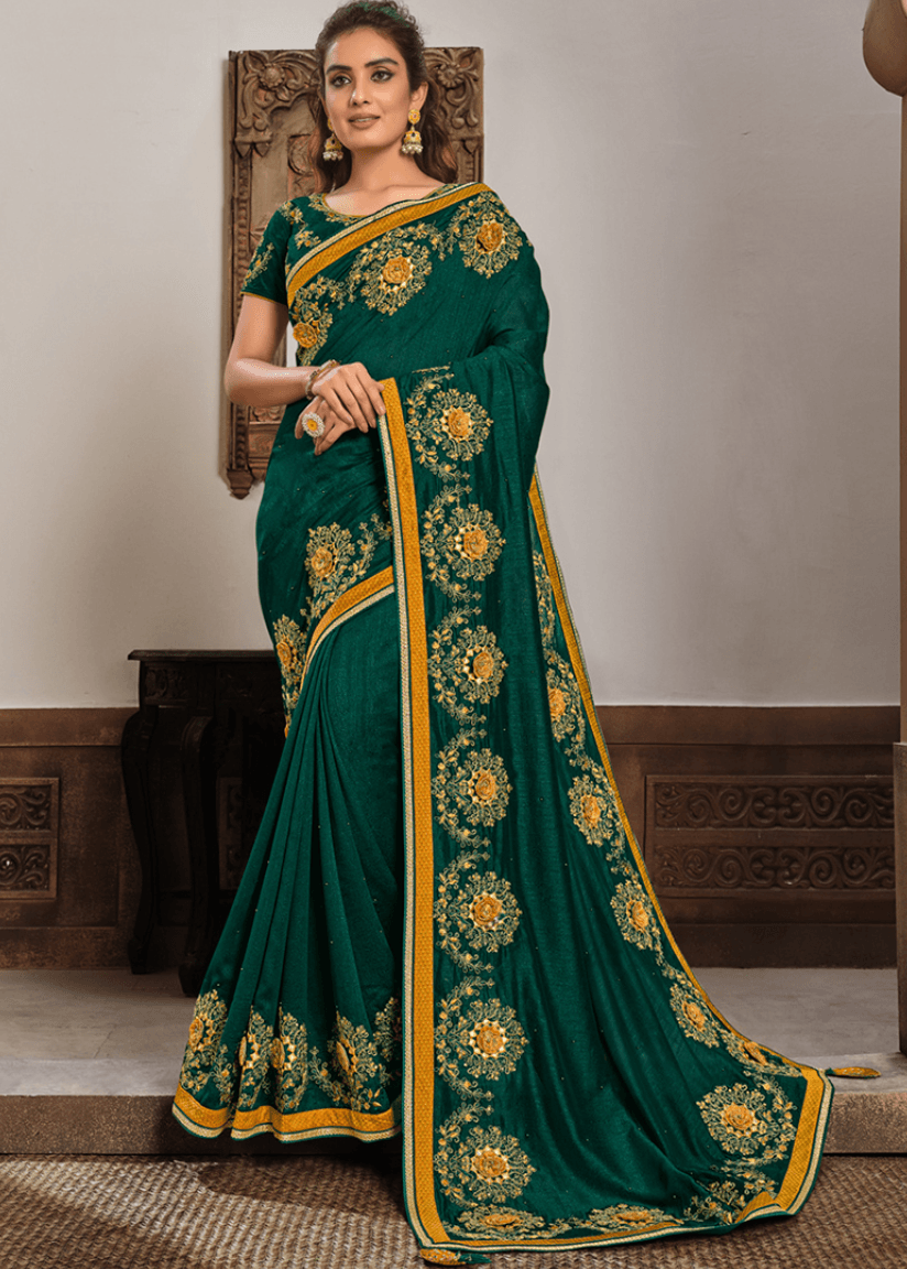 Deep Green Silk Georgette Embroidery Work  Saree