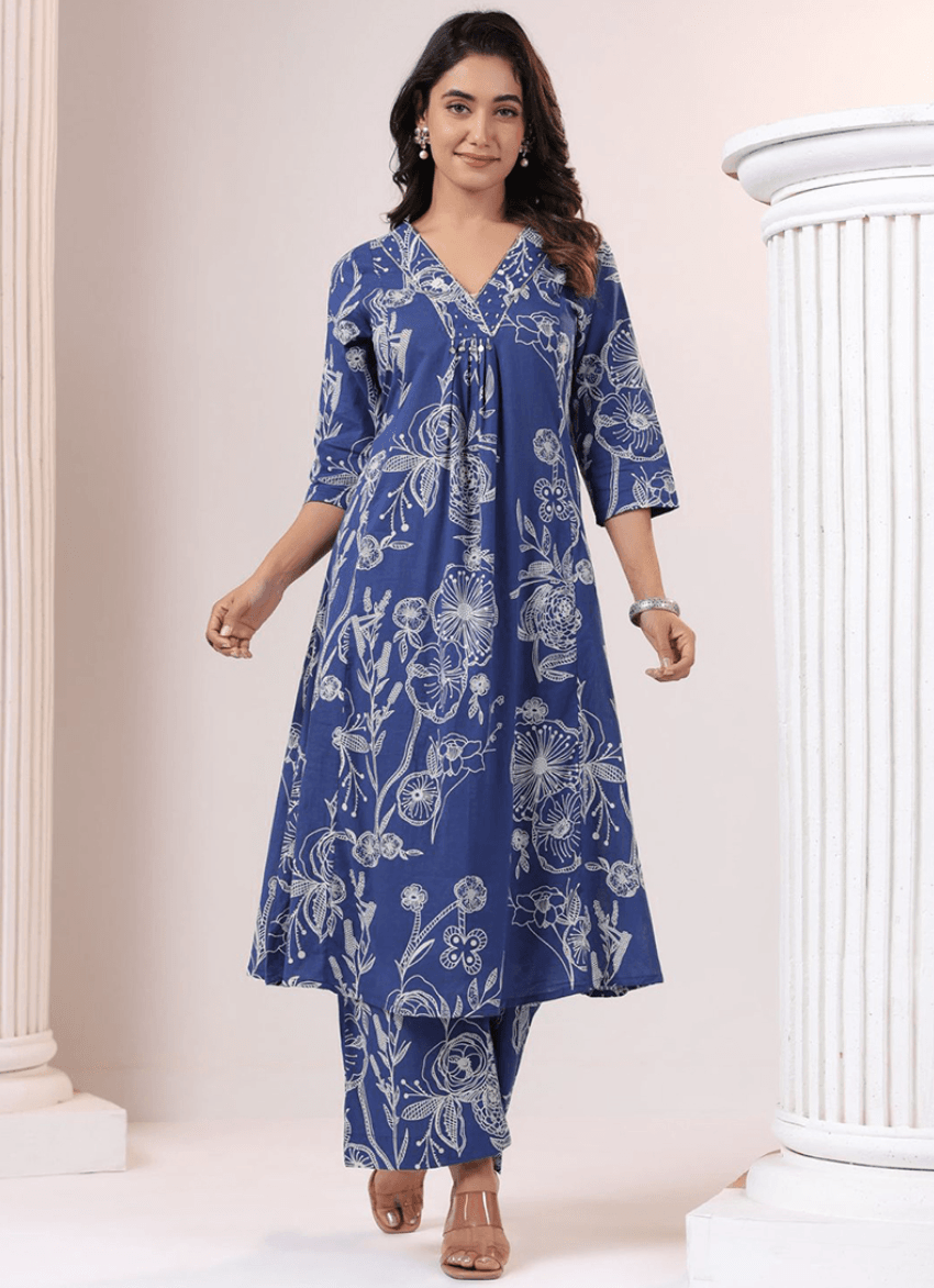 Elegant Blue Floral Printed A-Line Kurta Set