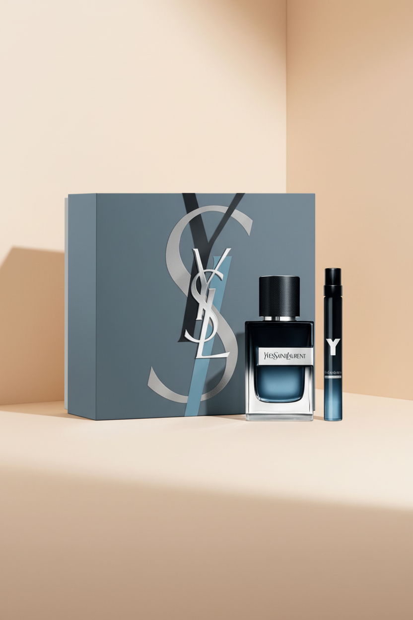 YSL perfume set with a large bottle and smaller spray bottle on a white background