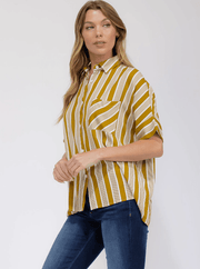 Mustard & White Striped Button-Up Short Sleeve Blouse