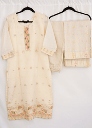 Ivory Silk Blend Embroidered Kurti Set with Banarasi Dupatta