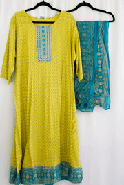Lime Yellow Printed Kurta Set with Teal Dupatta