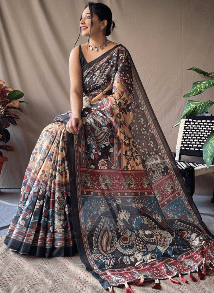 Beige & Black Kalamkari Printed Saree with Contrast Border