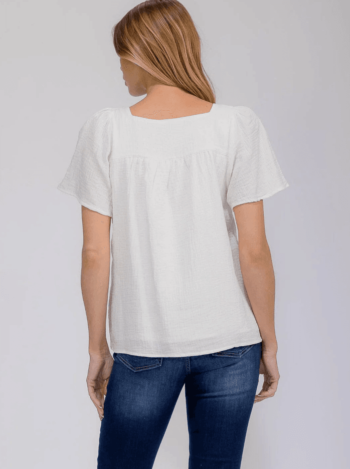 Women’s Short Ruffle Sleeve Square Neck Trim Detailed Tunic Blouse