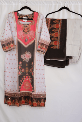 Black & Rose Digital Print Kurti Set with Mirror Detailing