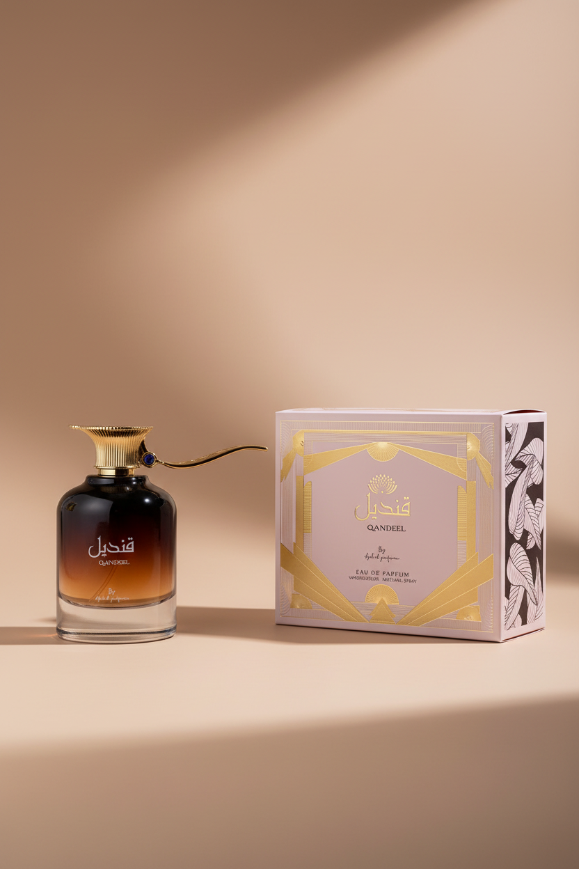 Qandel perfume bottle and packaging on a white background