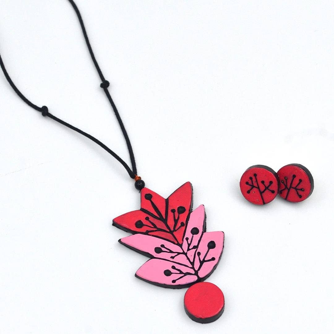 Pink Leaf Maple Jewelry Set | Clay Necklace and Earrings