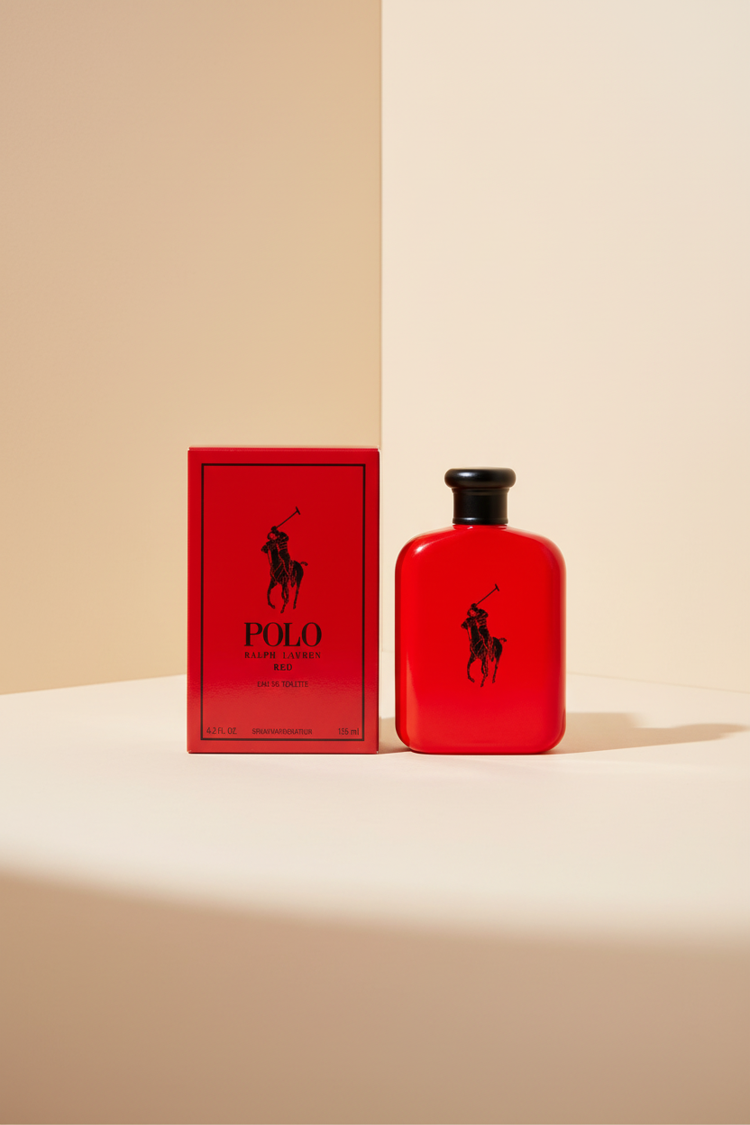 Red Polo Ralph Lauren perfume bottle and packaging on a white background