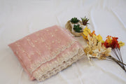 Blush Pink Floral Embroidered Net Saree with Stone Border