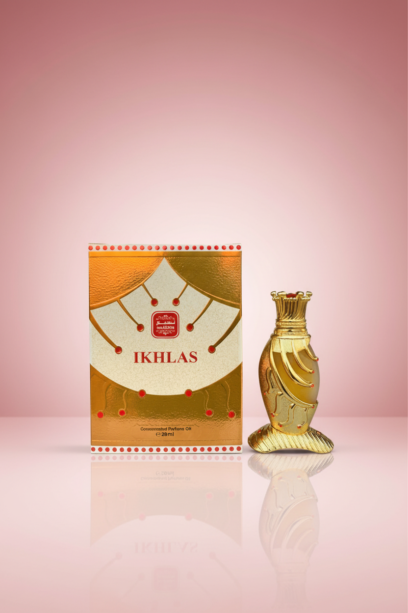 Gold perfume bottle and packaging with 'IKHLAS' branding on a white background