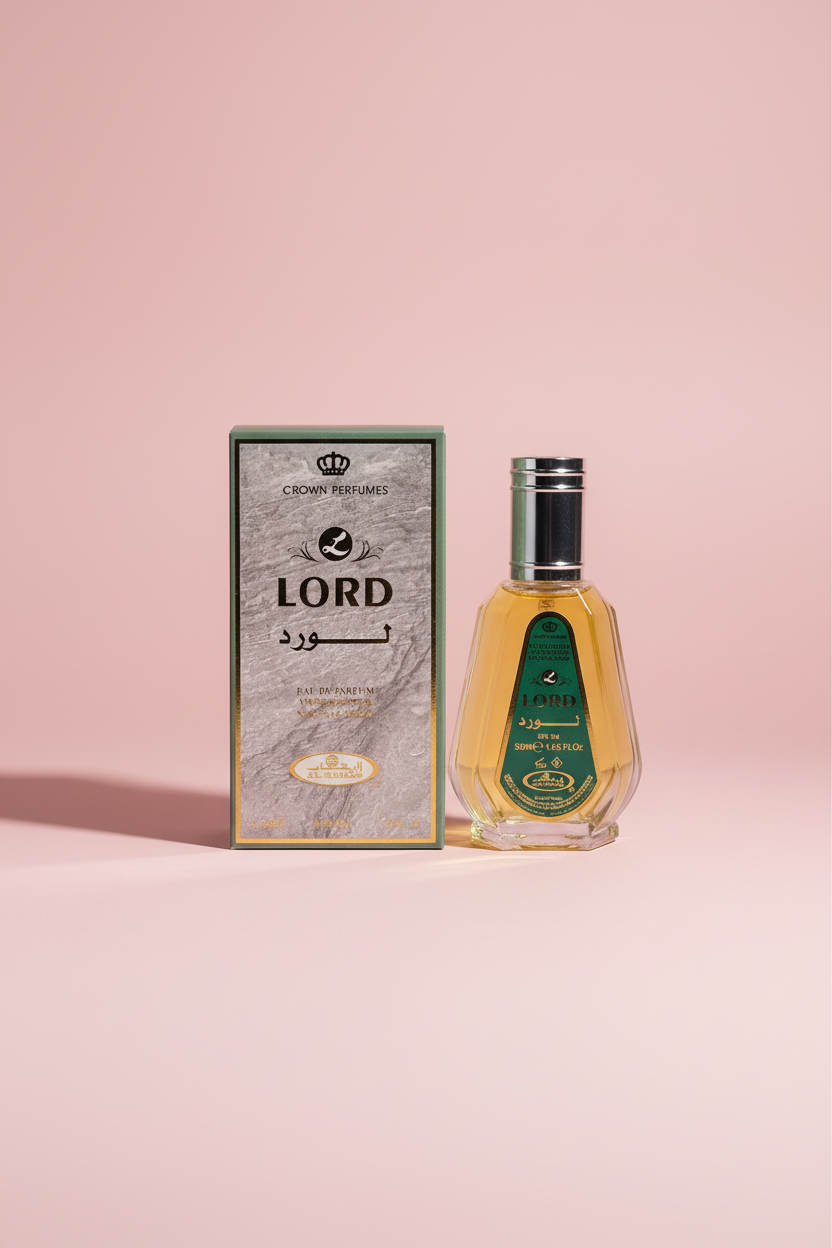 Perfume bottle and packaging with 'Crown Perfumes' branding on a white background