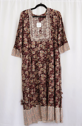 Maroon Floral Printed Rayon Kurta with Embroidered Neck
