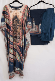 Navy Blue Designer Kaftan Set with Mughal Print and Pearl Embellishments