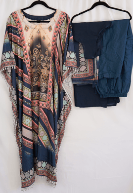 Navy Blue Designer Kaftan Set with Mughal Print and Pearl Embellishments