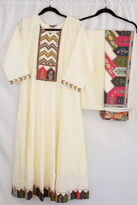 Ivory Multicolor Border Anarkali Set with Printed Dupatta