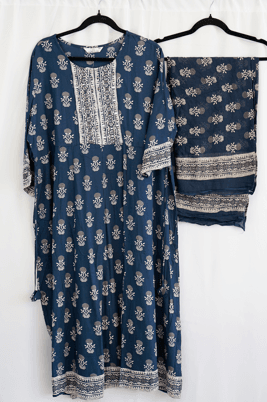 Navy Blue Printed Kurta Set with Dupatta