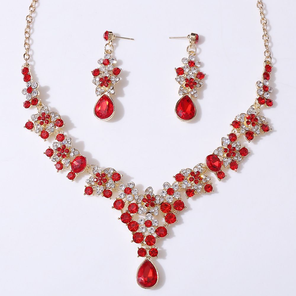 Royal Red Floral Crystal Necklace & Earrings Set