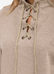 Taupe Lace-Up High Neck Pullover Sweater