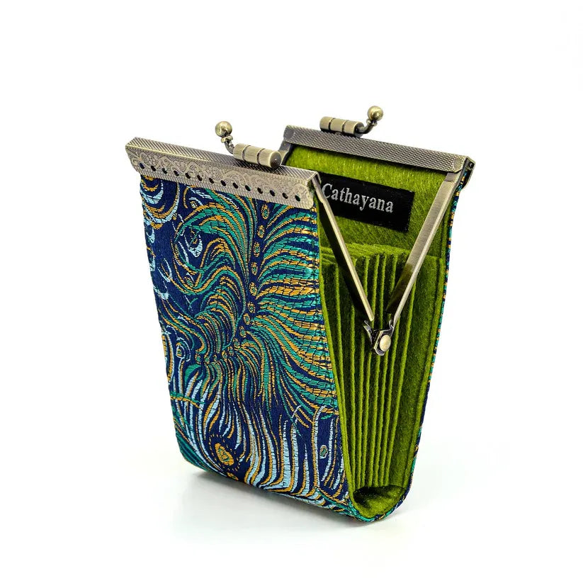 Green Brocade Peacock Pattern Kiss-Lock Wallet