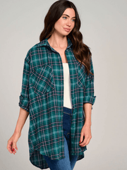 Green Plaid High-Low Open Back Button-Up Shirt