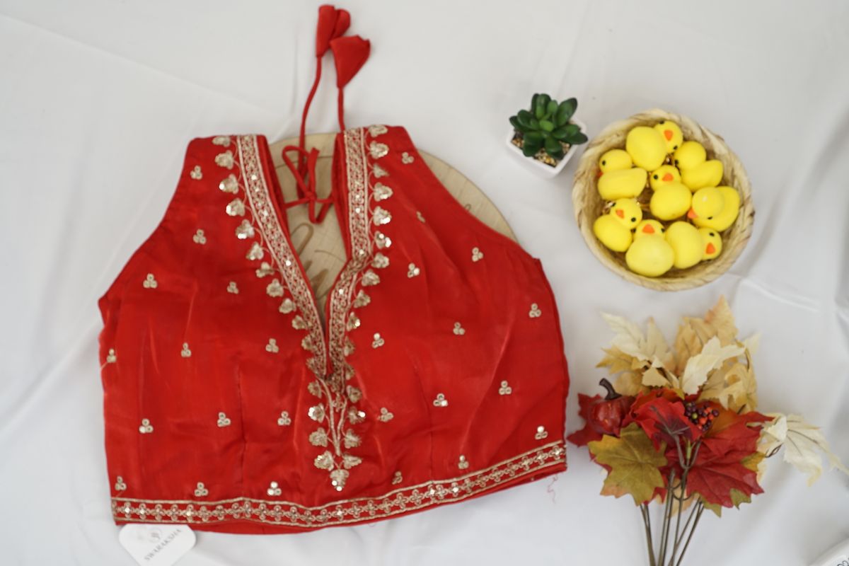 Crimson Red Zari Embroidered Silk Blouse