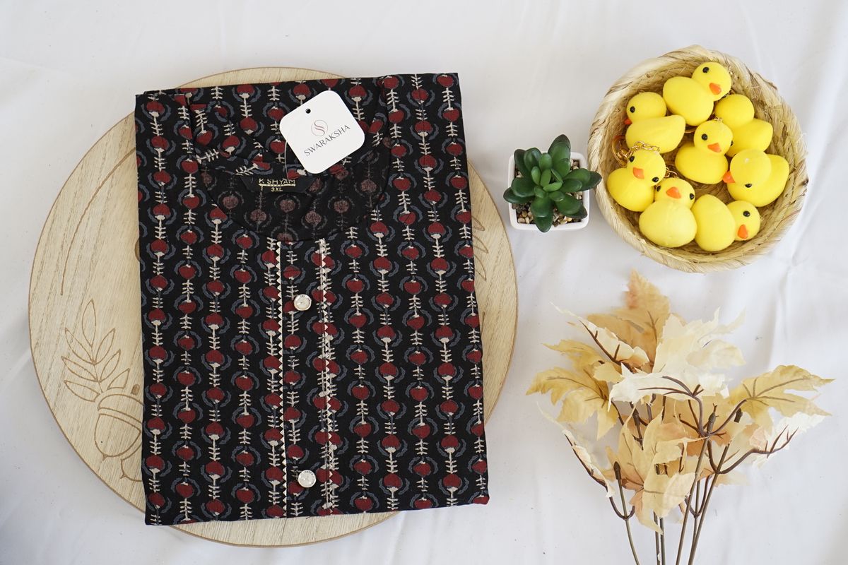 Black & Maroon Geometric Printed Rayon Kurta