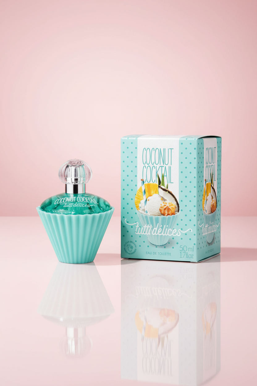 Coconut cocktail perfume bottle and packaging with 'tutti delices' branding on a white background.