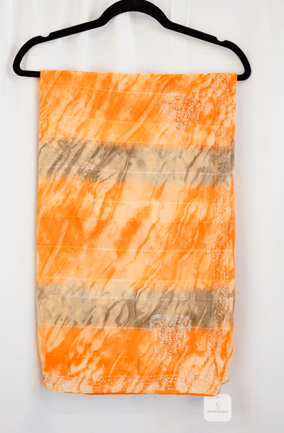 Orange & Beige Tie-Dye Chiffon Saree with Crystal Stone Border